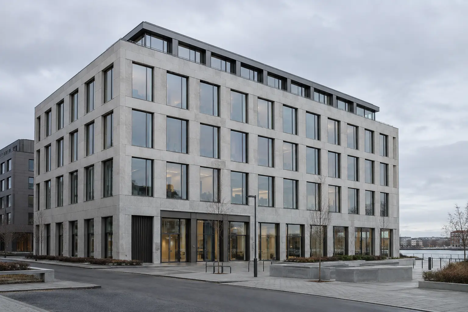Building with natural stone at the facade and entrance